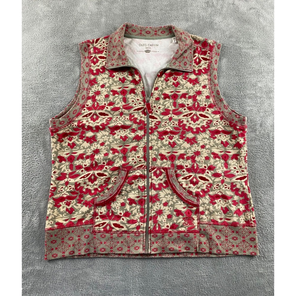 Oleg Cassini Sport Womens XL Red Floral Damask Full Zip Vest Pockets Mock Neck